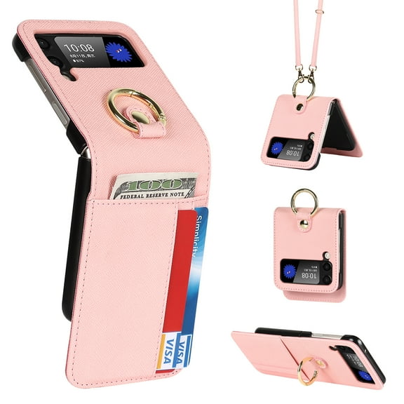 Allytech Wallet Case for Samsung Galaxy Z Flip 4 2022, PU Leather + Hard PC Bumper with Ring Buckle Holder Stand Long Shoulder Strap Case for Galaxy Z Flip 4 5G, Pink