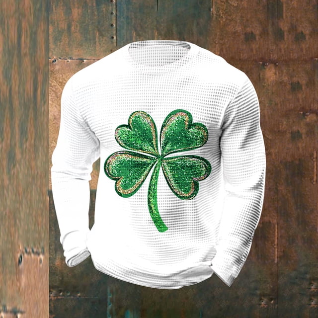 Ceisia Men's St. Patrick's Day Glitter Four-Leaf Clover Waffle Knit Top | Long Sleeve Crew Neck Casual Tee Gifts