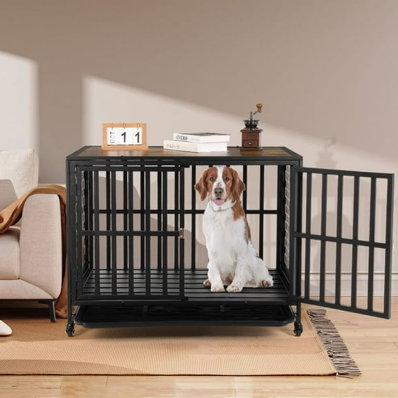 Heavy Duty Dog Crate Furniture for Medium and Large Dogs, Dog Kennel Indoor Dog Cage end Table, Wooden Metal Pet House with Trays, Lockable Wheels 38 Inch Black