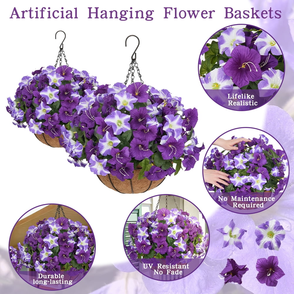 2 Sets Of Artificial Hanging Flower Baskets For Plant Outdoor Decoration, Simulated Silk Anti Uv Morning Glory Flowers, Suitable For Home Porch, Terrace, Garden, Courtyard