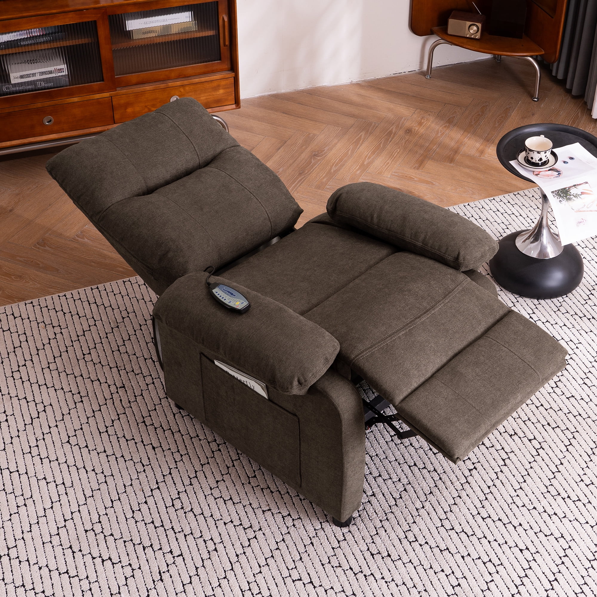 NEW Recliner Chair: Manual Push Back Reclining Chair with 8-Point Massage & Heating, Plush Chenille Fabric & Remote Control, Side Storage Pockets for Living Room, Bedroom, Brown