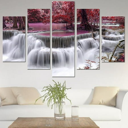 Unframed 5 Panel Modern Abstract Red Tree Forest Waterfall Modern Home Wall Art Oil Painting Picture Canvas (Best Abstract Art Paintings)