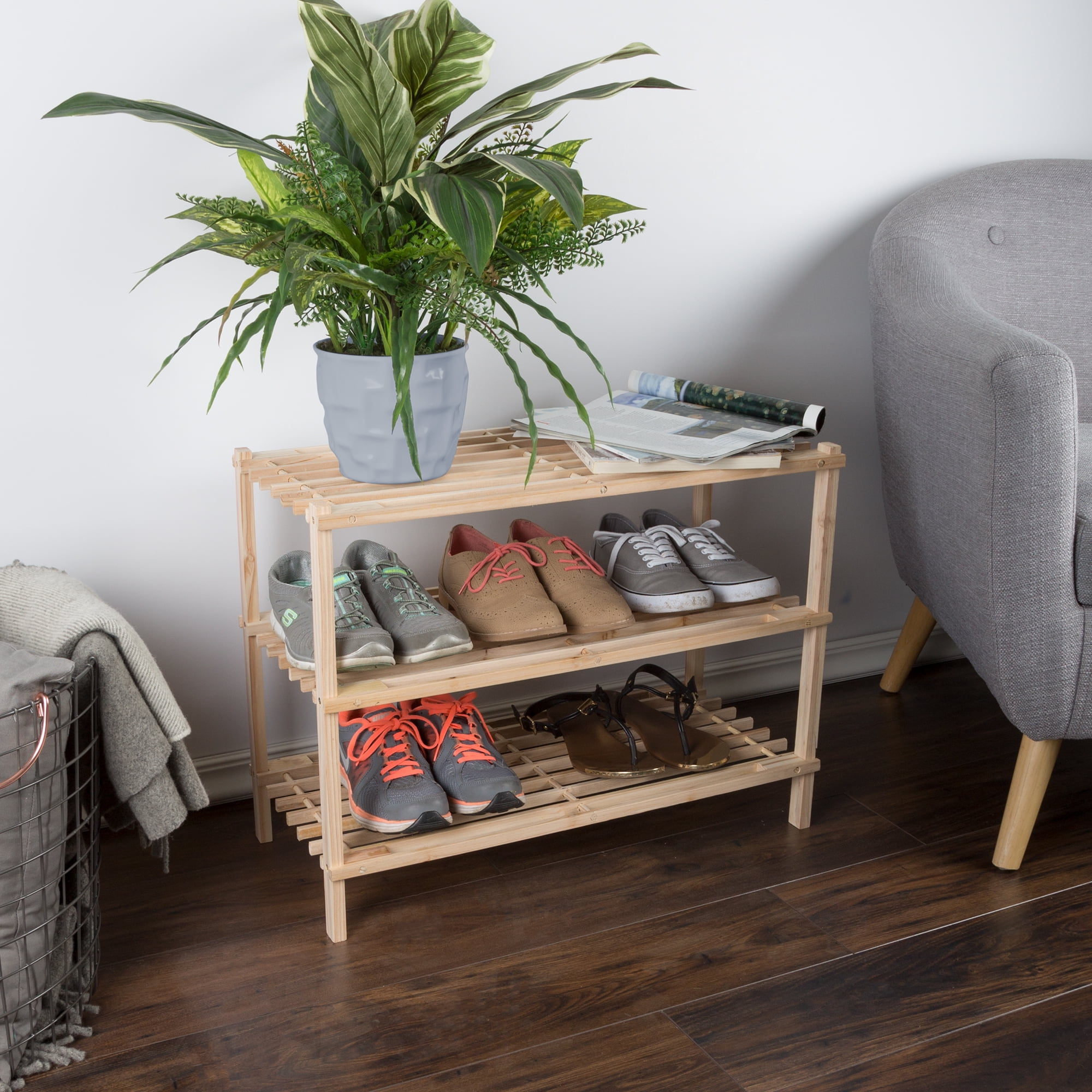 Home Indoor Bedroom Storage Space Organizer 3-Tier Natural Wood Shoe Shelf Rack