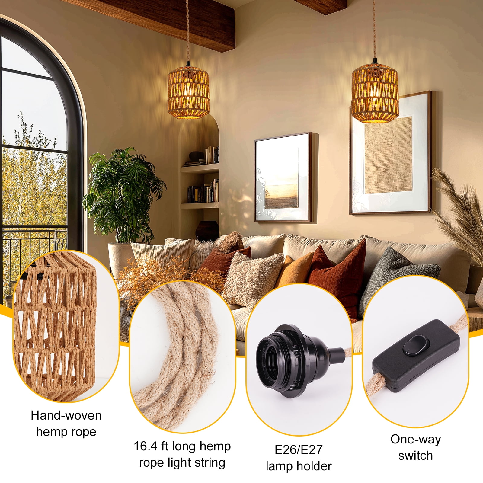 FRIDEKO 6" Bohemia Plug in Pendant Light Fixture, Woven String Hanging Light with 15ft Hemp Rope On/Off Switch, E26 Farmhouse Pendant Light for Living Room (Without Bulb)