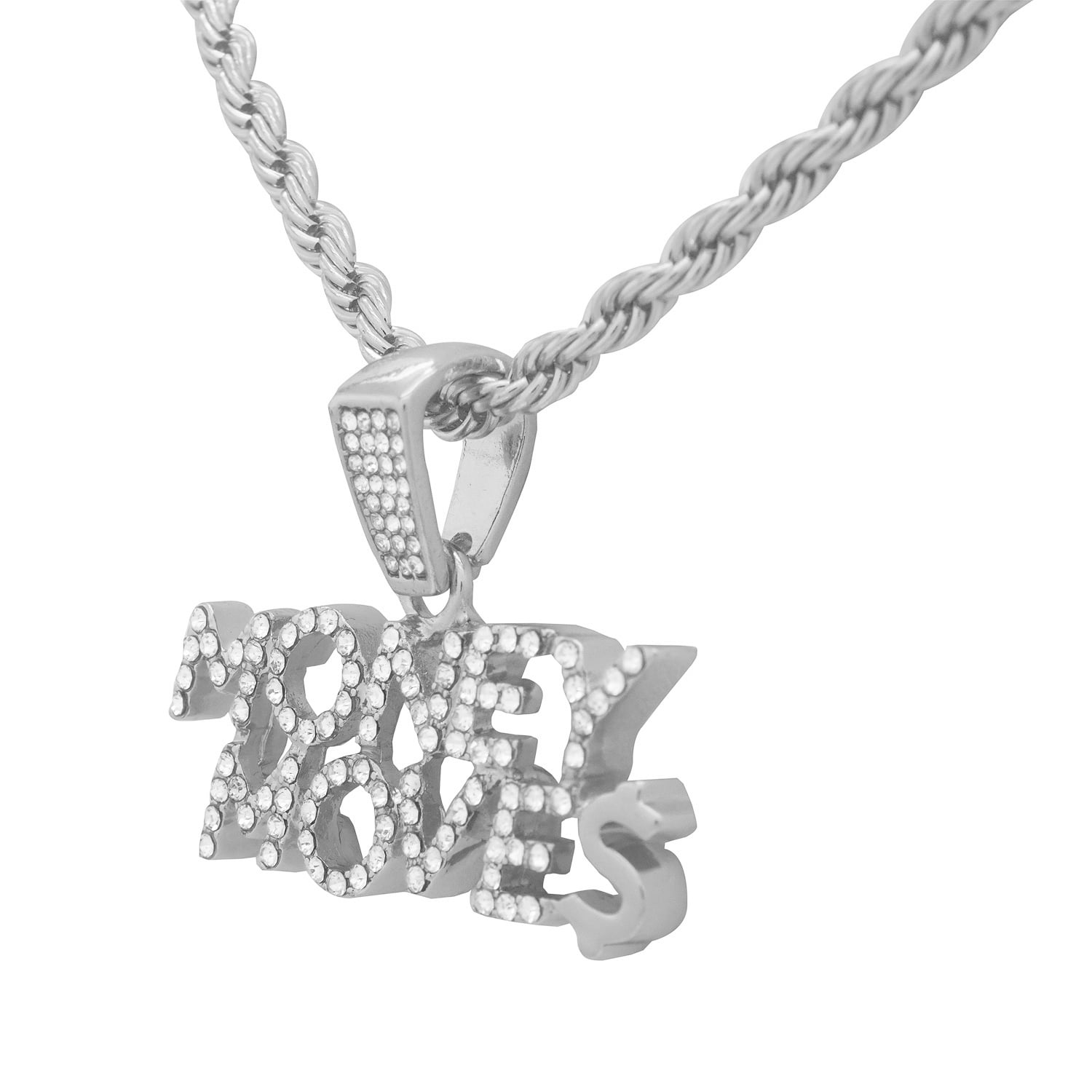 White Gold-Tone Hip Hop Bling Iced Out Cardi B Money Moves Letter Pendant with 16 Tennis Chain and 24 Rope Chain