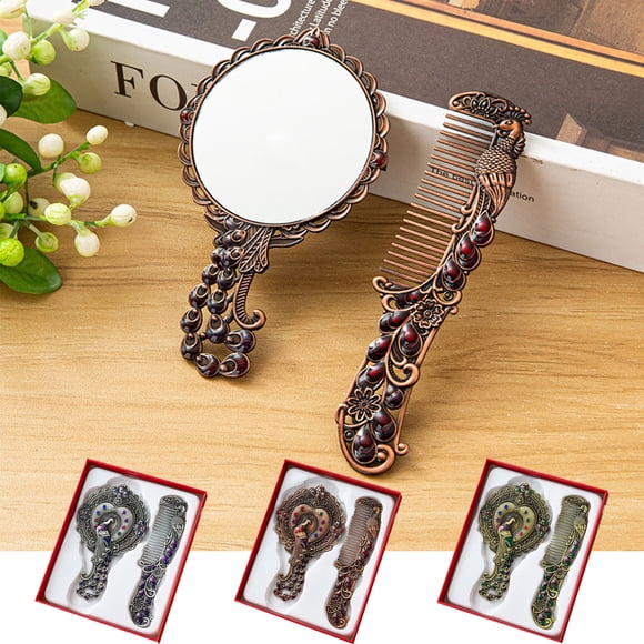 Xihbxyly Espejo de Mano Vintage con Diseño de Pavo Real Retro, Pintado a Mano, Espejo de Tocador de Metal, Peine a Juego, Elegante Caja de Regalo, Ideal para Cumpleaños, Viajes y Hogar. Incluye Espej