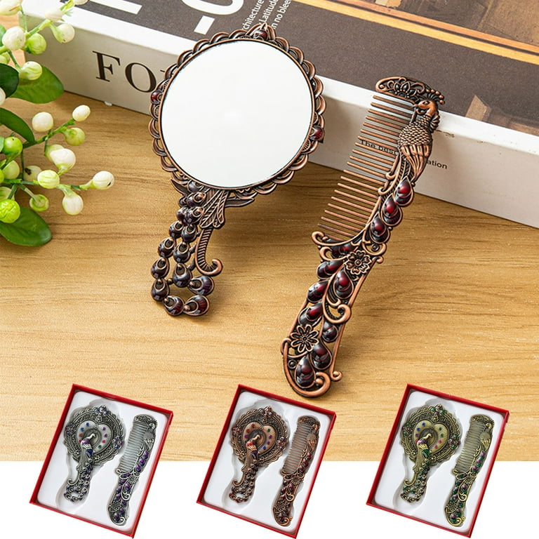 Lksixu Vintage Handheld Mirror with Comb Set, Metal Embossed