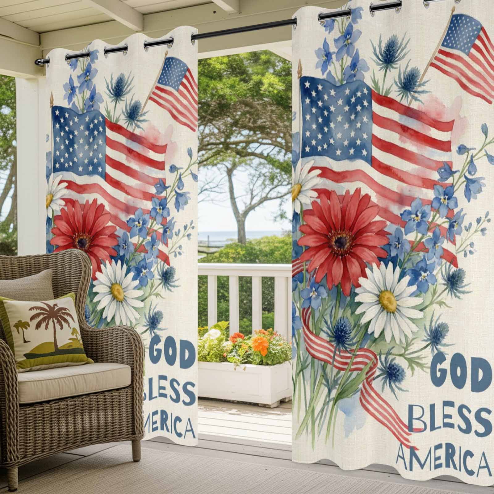 Independence Day Outdoor Curtains for Patio, Vintage American Flag Watercolor Red White Daisy God Bless Sunshade Privacy Drapes Grommet Waterproof Outside Curtains for Porch Balcony 54"x108", 1 Panel