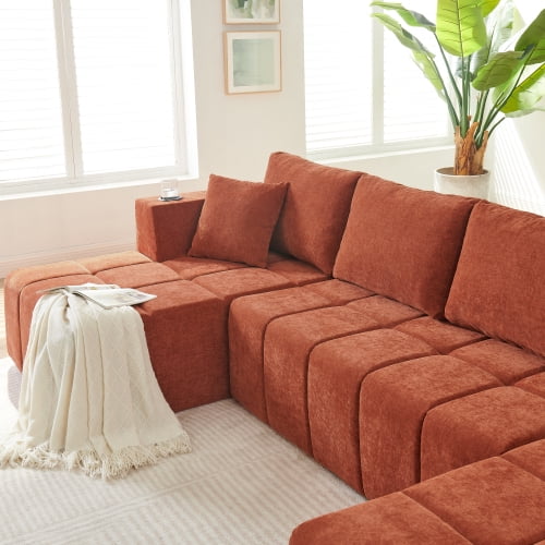 132-inch U-Shaped Chenille Sectional Sofa with Dual Chaises, Cup Holders & Side Pockets, Cloud-Style Boneless No-Assembly Compression Couch for Living Room, Orange