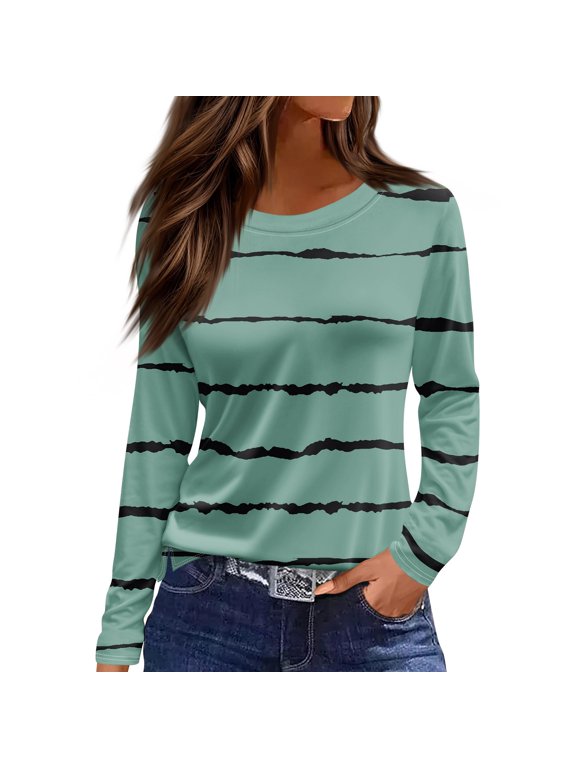 Blouses for Women Dressy Casual Loose Fitting Lounge Floral Scoop Neck Long Sleeve Plus Size Dressy Tops for Women Size S Blue