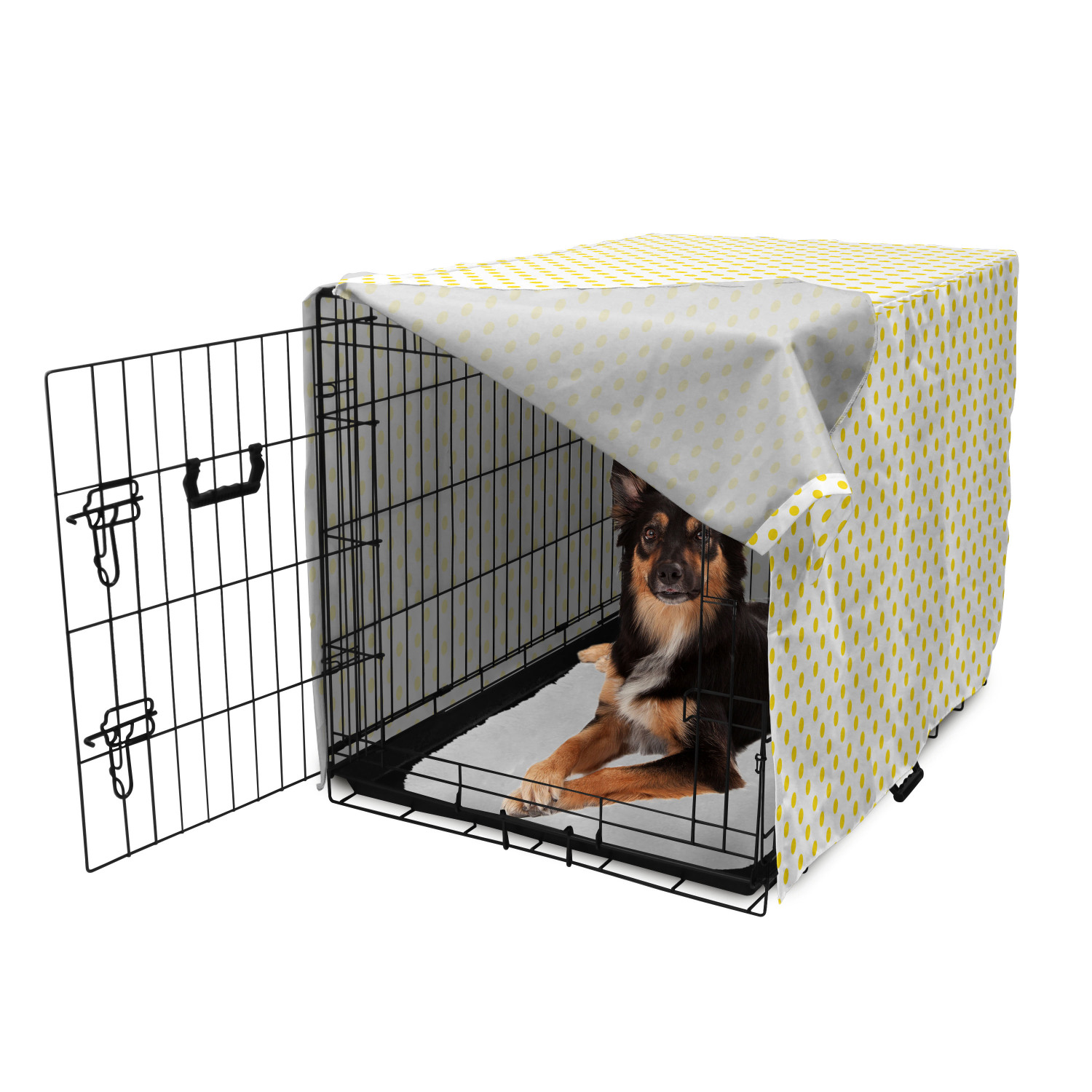 Yellow Dog Crate Cover, Picnic Like 50s 60s 70s Retro Themed Yellow Spotted White Pattern Print, Easy to Use Pet Kennel Cover for Medium Large Dogs, 35" x 23" x 27", Yellow and White, by Ambesonne - image 2 of 6