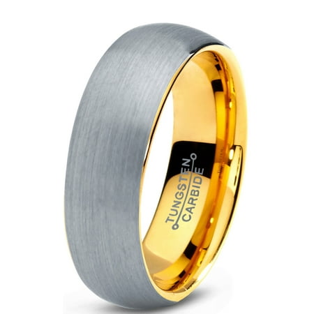 - Tungsten Wedding Band Ring 7mm for Men Women Comfort Fit 18K Yellow Gold Plated Plated Domed Brushed Lifetime Guarantee