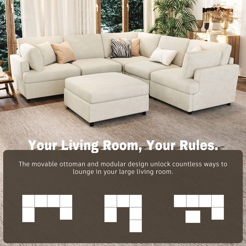 127" U-Shaped Modular Sectional Sofa with Movable Ottoman, 6-Piece Chenille Fabric Couch, Convertible Corner Sofa with Pine Wood Frame, Modern Deep Seat Sofa Set for Living Room & Apartment