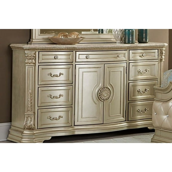 Traditional Wooden Dresser With Marble Top, Champagne Gold