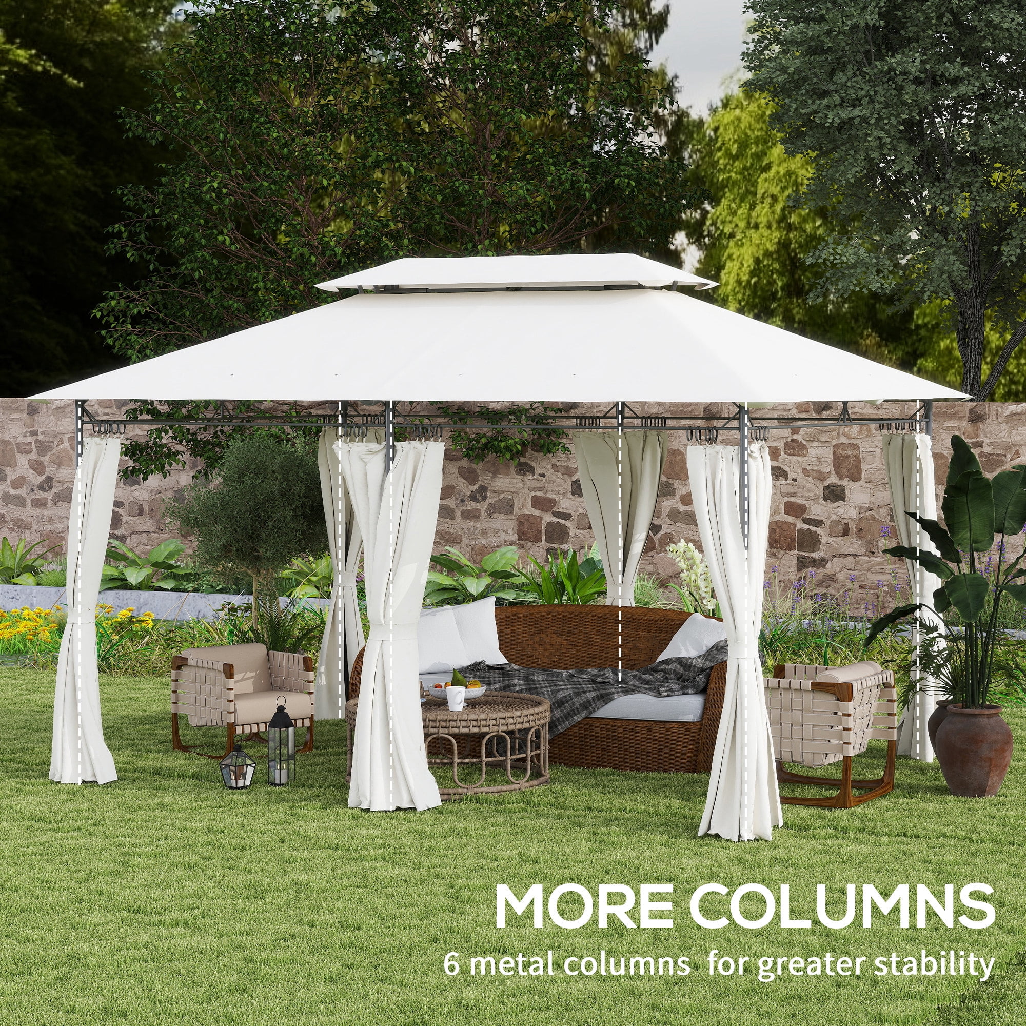 Outsunny 10' x 13' Patio Gazebo, Double Roof Outdoor Gazebo with Curtains and Metal Frame for Garden, Lawn, Backyard and Deck, Cream White