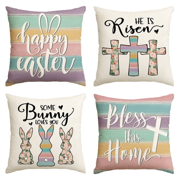 Sm:)e He is Risen Happy Easter Throw Pillow Covers 4 Pack 18 x 18 Inch Cross Bunny Bless Our Home Cushion Case Decoration for Sofa Couch