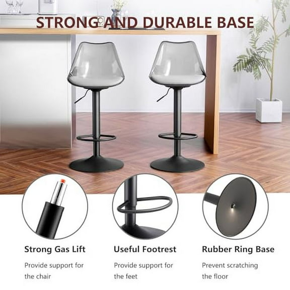 Clear Bar Stools Set of 2, Counter Height Adjustable Swivel Acrylic Bar Stools with PU Leather Upholstered, Armless Bar Stools for Kitchen Island - Grey/Black