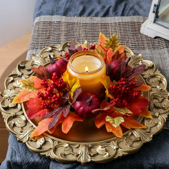 Vela perfumada de mandarina con hojas de arce, calabaza y bayas para el Día de Acción de Gracias, anillo decorativo con forma de corona