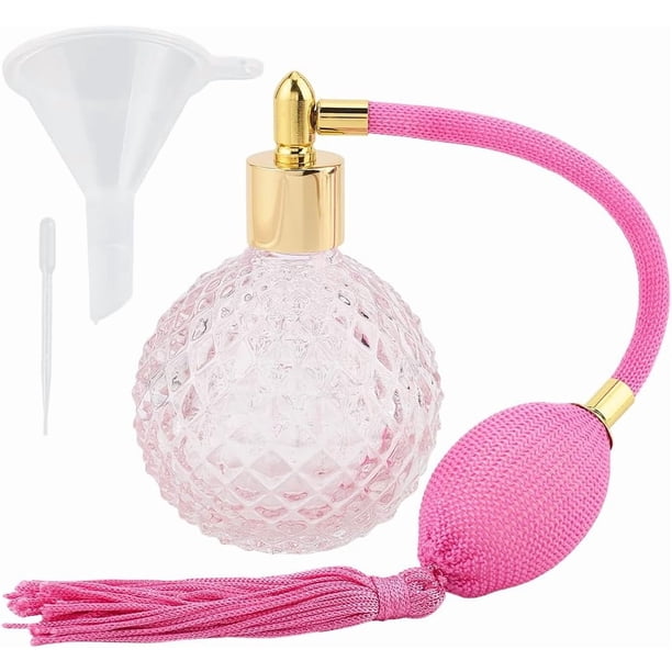 Botella de perfume transparente de 100 ml con atomizador y borlas de pulverización larga, color rosa, vintage, rellenable, vacía, con embudo y gotero.