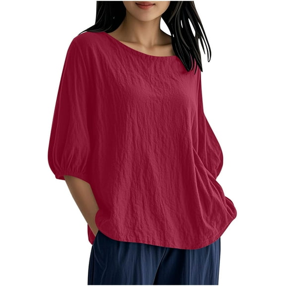 Diufon Plus Size Tops for Women Cotton Linen Casual 3/4 Sleeve Crewneck Shirts Solid Color Loose Blouse