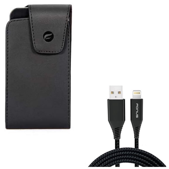 10ft USB Cable w Case Belt Clip for iPhone XS/X - Charger Cord Power Wire Braided Long, Leather Swivel Holster Vertical Cover for iPhone XS/X