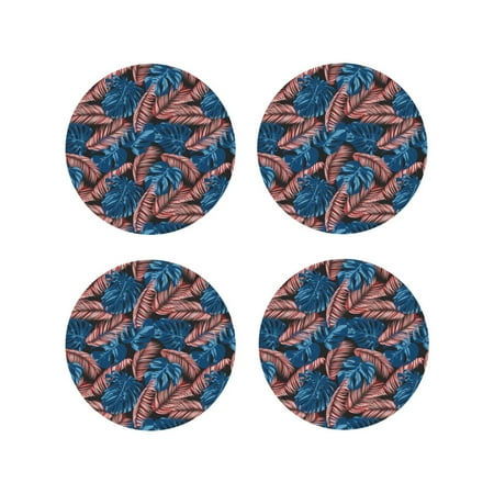 

Leather Coasters Set of 4 - Hawaiian Style Leaves Lightweight Non-Slip Drink Coasters for Desk Anti-Scalding Desk Cup Coasters for Office Table Decor Round Shape
