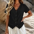 thumbnail image 4 of hoksml Women's Cotton Linen V Neck Short Sleeve Blouse, Button-Down Casual Shirt, Slim Fit Top for Daily and Summer Wear, 4 of 5