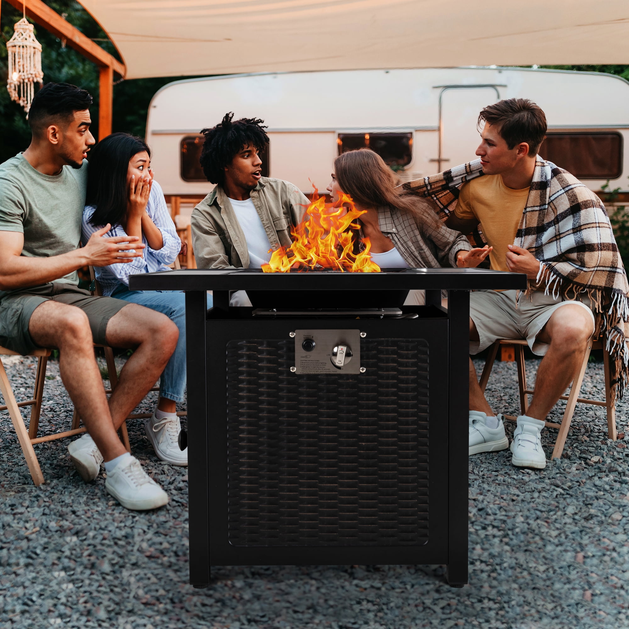 Walsunny 30" Propane Gas Fire Pit Table with Lid 50,000 BTU Square Outdoor Wicker Light Grey