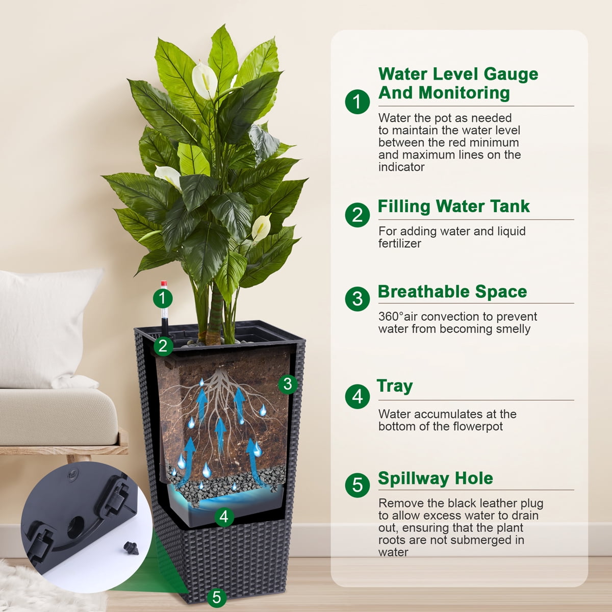 Faitaliicy 2-Pack 23" Tall Planter Modern Square Rattan Plant Pot Outdoor Indoor Large Garden Plant Pots Tree Flower Pot With Self-Watering Drain Holes Water Level Monito For Front Porch Patio