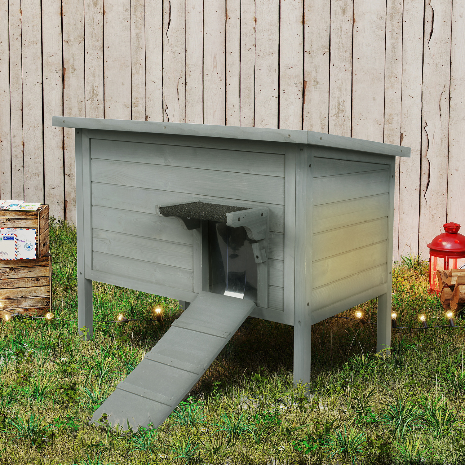 Hidpriva Insulated Wooden Outdoor Cat House, Weather-Resistant Feral Cat Shelter for Winter w/ Foldable Ladder & Visible Window, Gray