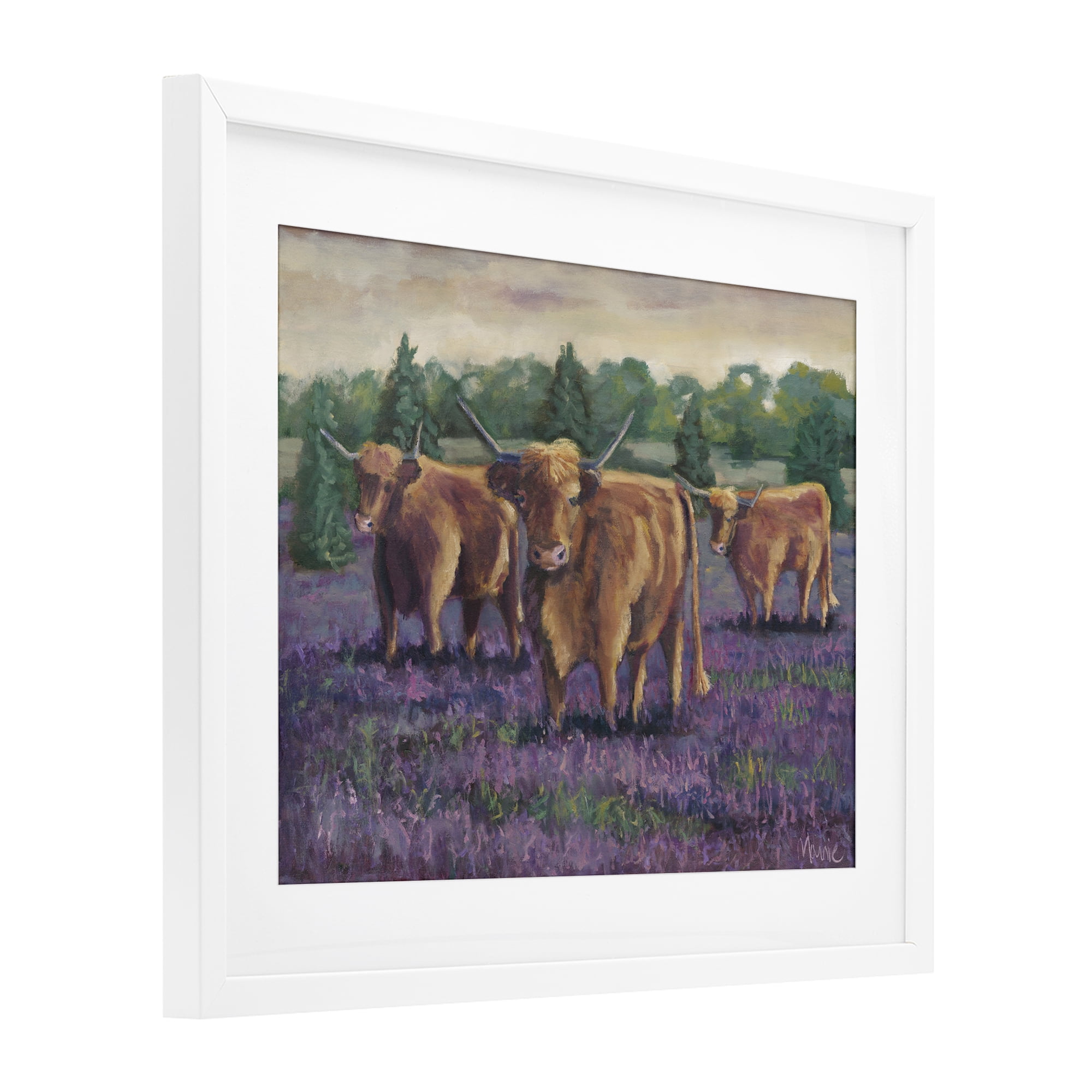 Purple Fields & Cows White Framed Print Under Glass, design by Marnie Bourque