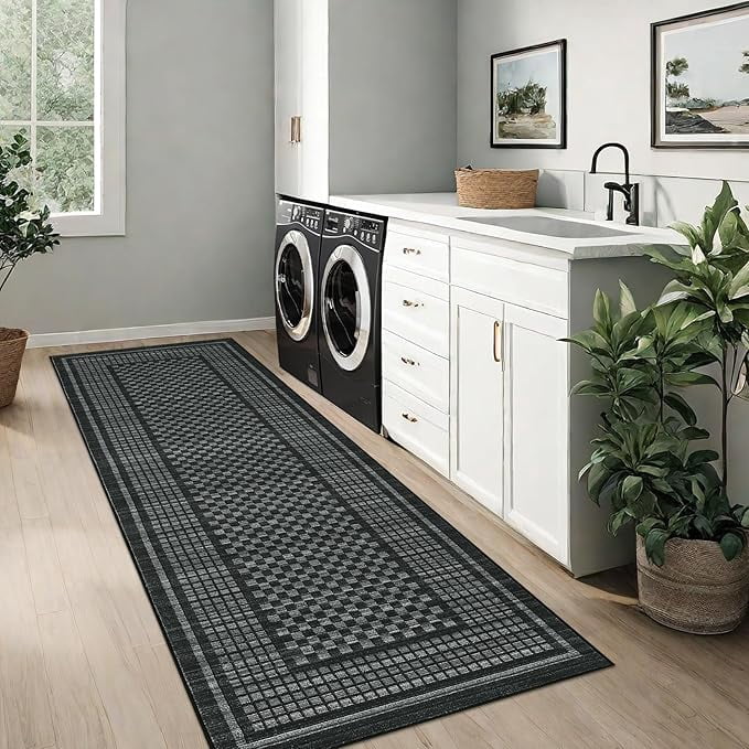 Washable Runner Rug 2x6 Kitchen Rugs Non Slip Washable Modern Black Indoor Entryway Rug Farmhouse Soft Bath Mat Stain Resistant Carpet for Bedroom Hallway Laundry 2'x6' Black