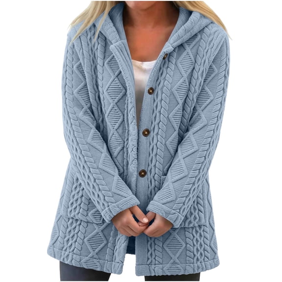 TEAJOPSUU Women's Cable Knit Cardigan Sweaters Button Up Long Sleeve Hooded Tunic Jackets with Pockets Casual Winter Outerwear Sweater Coat A-Light Blue