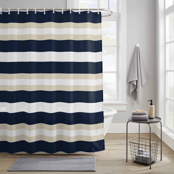 Bathroom Shower Curtain Khaki Navy Blue Striped Line Waterproof Shower Curtains with Hooks, Geometric Horizontal Stripe Bath Curtains Bathtub Curtain Home Decor 36x72in