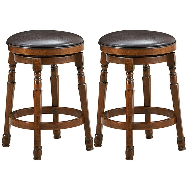 Costway Set of 2 24'' Swivel Bar Stool Leather Padded Dining Kitchen Pub Chair Backless. Two backless counter stools with walnut-colored rubber wood frames and padded PU leather seats. Features a 360-degree swivel design, footrests, and sturdy construction suitable for kitchens, pubs, cafes, or breakfast nooks.