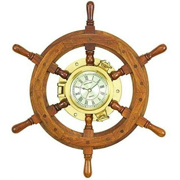 Deco 79 Benzara 01193 Wood Ships Wheel Clock Unique Country Home Decor, 20"