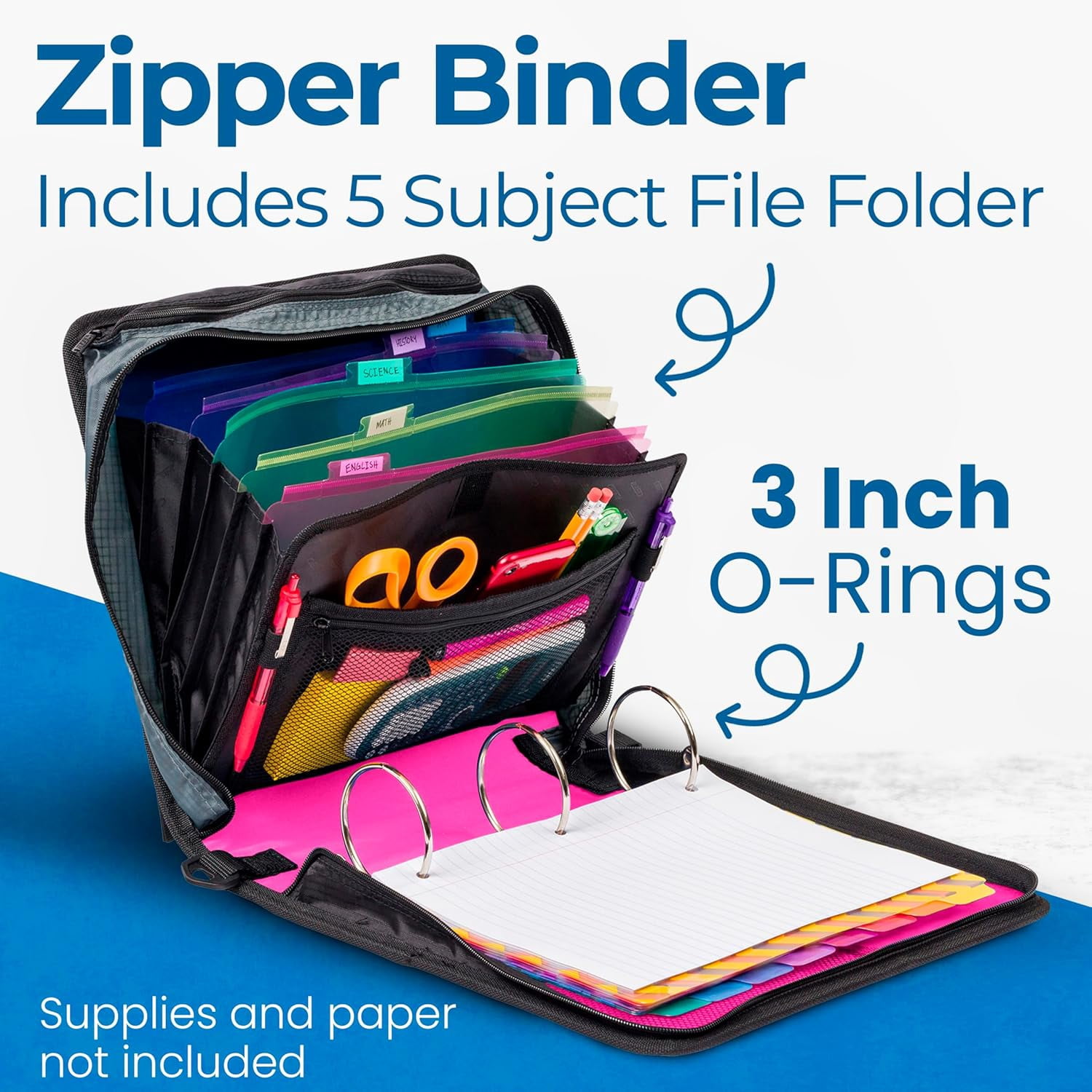 Case-it The Mighty Zip Tab Zipper Binder - 3 Inch O-Rings - 5 Color Tab Expanding File Folder - Multiple Pockets - 600 Sheet Capacity - Comes with Shoulder Strap - Magenta D-146 (6 Pack)