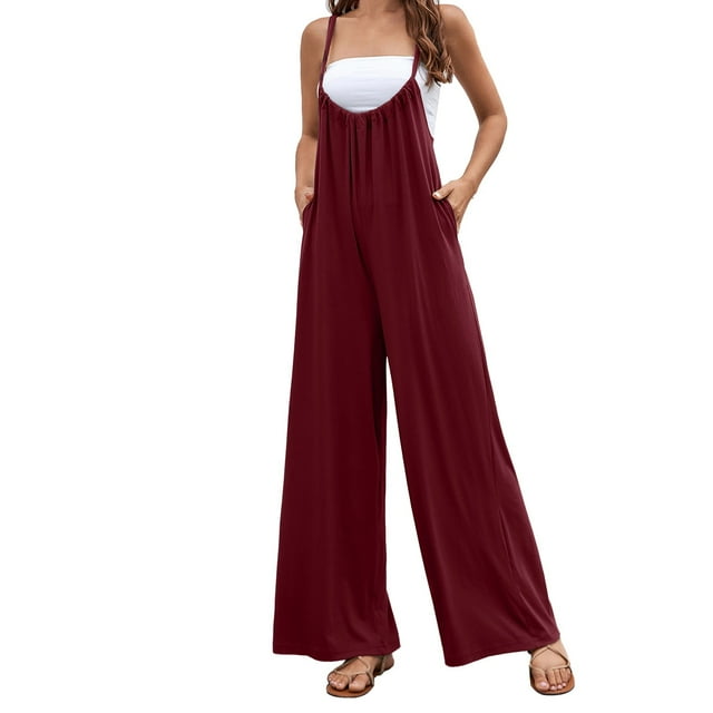 HBFAGFB Combinaison Femme Fines Bretelles Hauts Décontractés Jambes Larges avec Poches Rouge Taille G