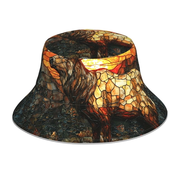 Reflective Bucket Hat Packable Sun Hats Outdoor Beach Cap , Elk Stained Glass Art