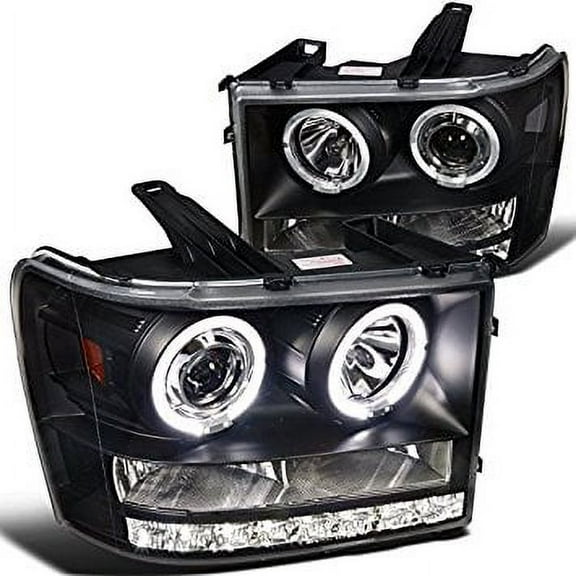 Dual LED Halo Projector Headlight In Black Housing Clear Lens Made For And Compatible With 2007 - 2013 GMC Sierra 1500 2500 3500 07 08 09 10 11 12 13