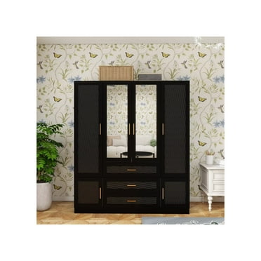 LivelyLodge Black Wooden Armoire Wardrobe Closet with 4 Doors, Hanging Rods, 3 Drawers, 2 Mirror & Shelves 2 Large Clothes Cabinet