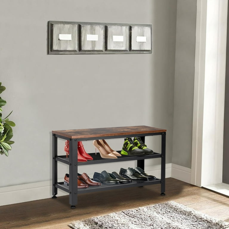 3-Tier Shoe Rack Industrial Shoe Bench with Storage Shelves-Brown