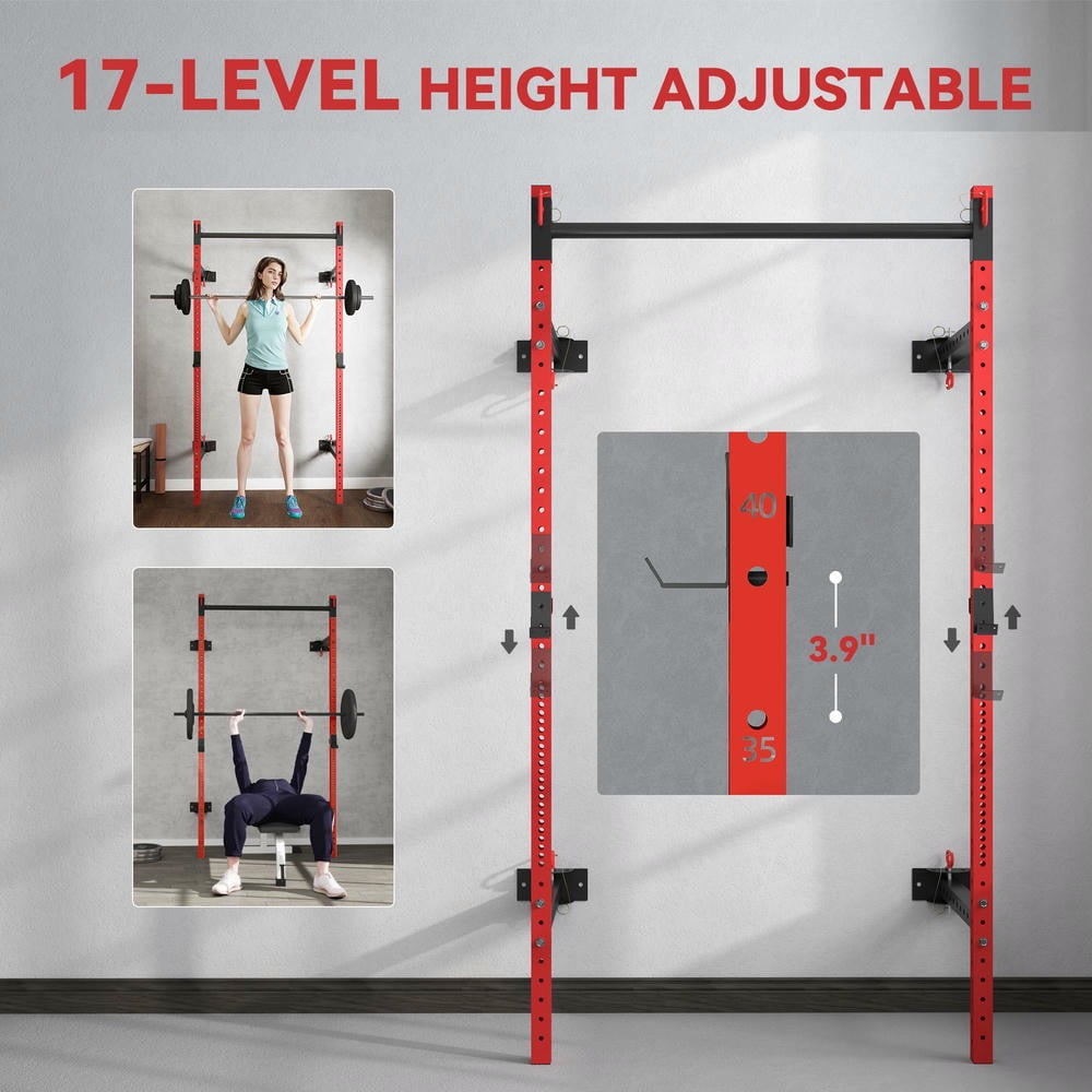 Barara King Barbell Rack with Pull Up Bar, Wall Mounted and Adjustable, Squat Rack Barbell Bench Press with 1000 Pounds Capacity, Red