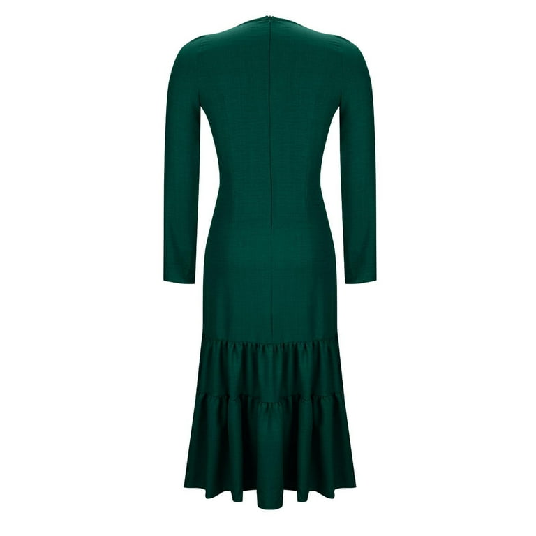 Ohufall Women's Dresses Pleated Long Sleeve Button Slimming Dresses Ruffled Trim Side Slit Flowy Maxi Dresses, Size: Small, Green