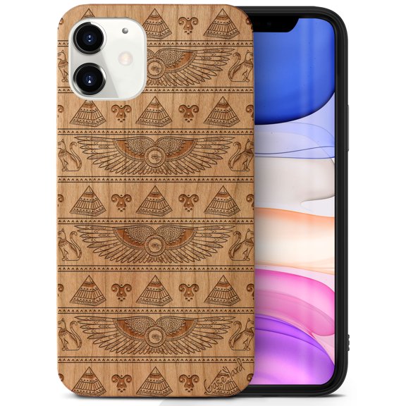 Case Yard Wooden Case Outside Soft TPU Silicone Slim Fit Shockproof Wood Protective Phone Cover for Girls Boys Men and Women Supports Wireless Charging Pyramids Pattern Design case for iPhone-12-Mini