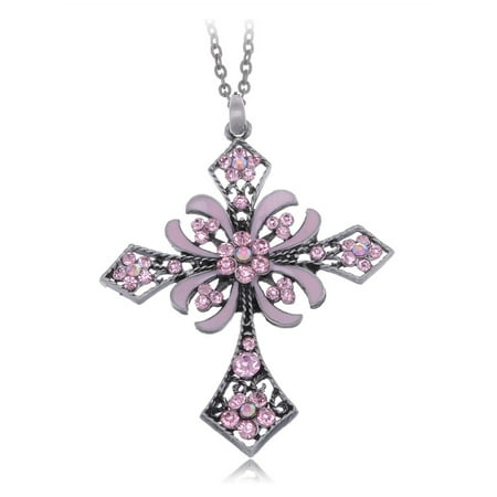 Enamel Flower Daisy - Pink Rose Daisy Flower Design Enamel Fashion French Holy Cross Pendant Necklace