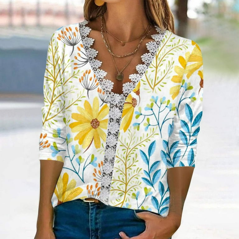 REORIAFEE Sales Today Clearance Only Fashion T-Shirt Floral Print Lace  Three Quarter Sleeve Blouse V-Neck Casual Tops Yellow L 