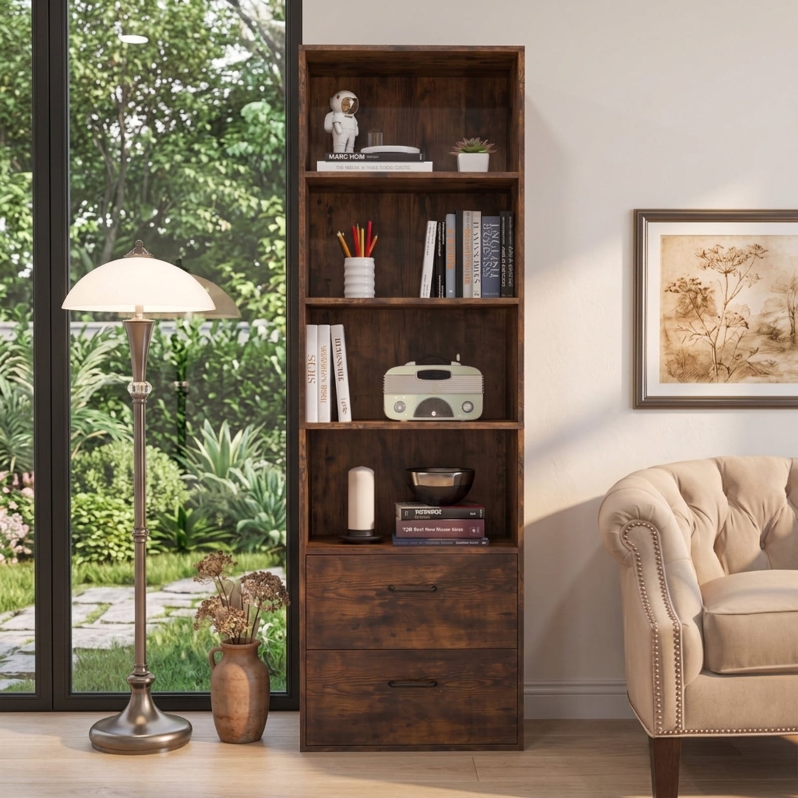 Furnibear 6-Tier Tall Freestanding Bookshelf with 4 Open Shelves and 2 Drawers for Home Office Living Room and Study, Rustic Brown