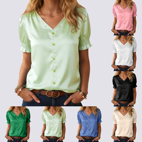 felwors Womens Blouses Dressy Casual Satin V Neck Short Sleeve Shirts Business Casual Tops for Women(Mint Green, S)