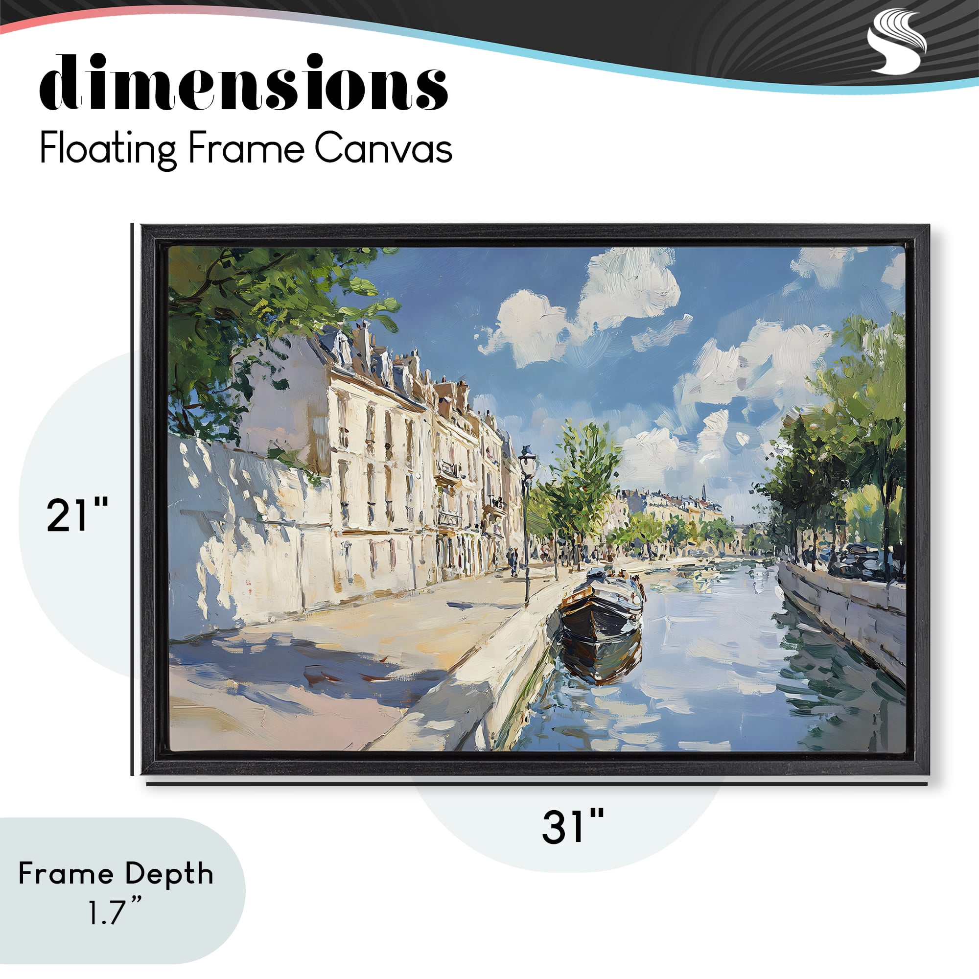 Stupell Industries Boat in Canal Summer Reflection Black Framed Floater Canvas Wall Art, design by Creative Studio
